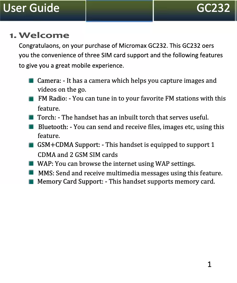 Page 1 de la notice Manuel utilisateur Micromax GC232