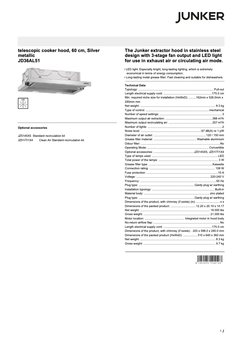 Page 1 de la notice Fiche technique Junker JD36AL51