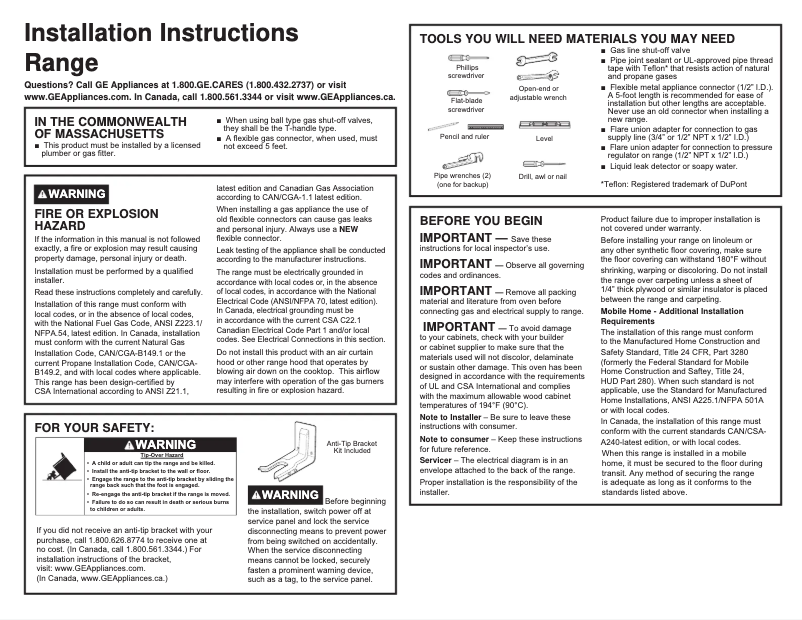 Page 1 de la notice Guide d'installation GE JGBS30DEKBB