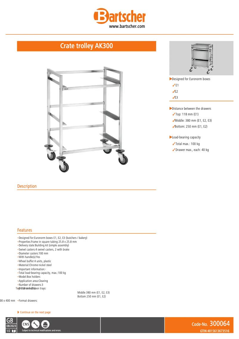 Page n°1 - Fiche technique Bartscher AK300