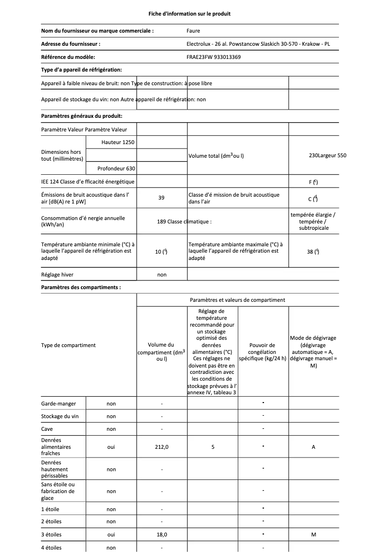 Page 1 de la notice Fiche technique Electrolux FRAE23FW