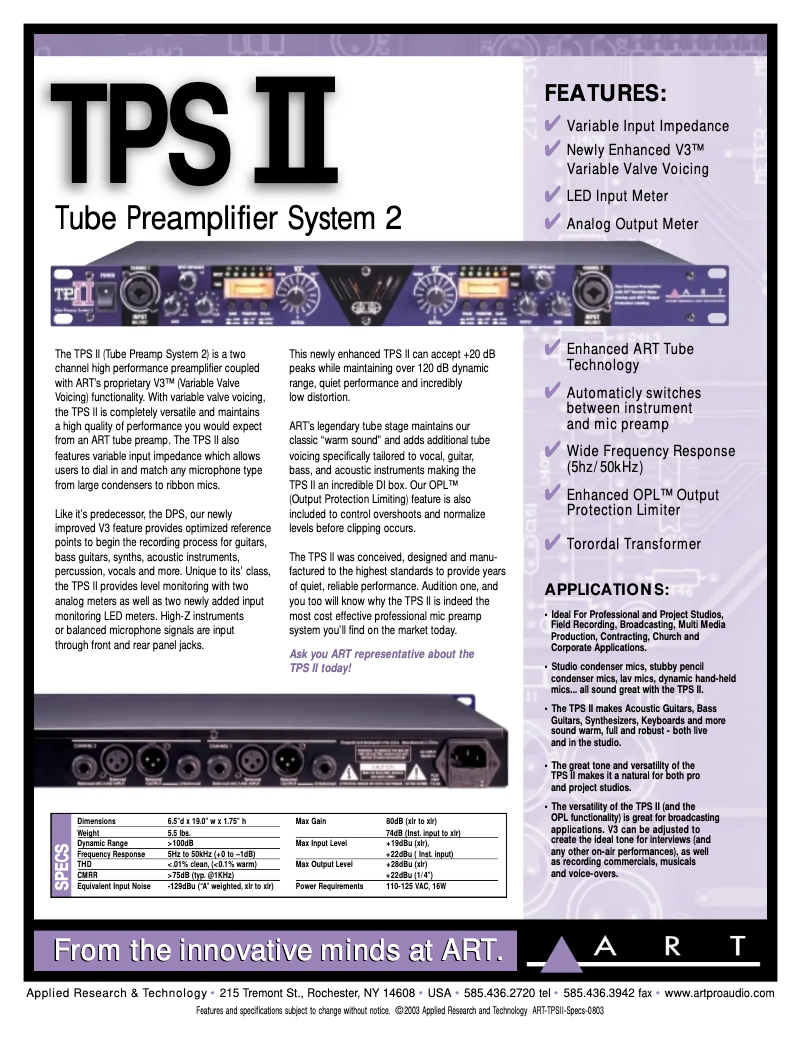 Page 1 de la notice Fiche technique ART TPS II