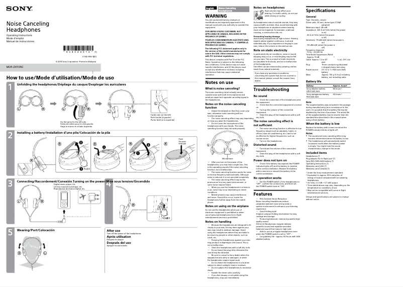 Page 1 de la notice Manuel utilisateur Sony MDR-ZX110NC