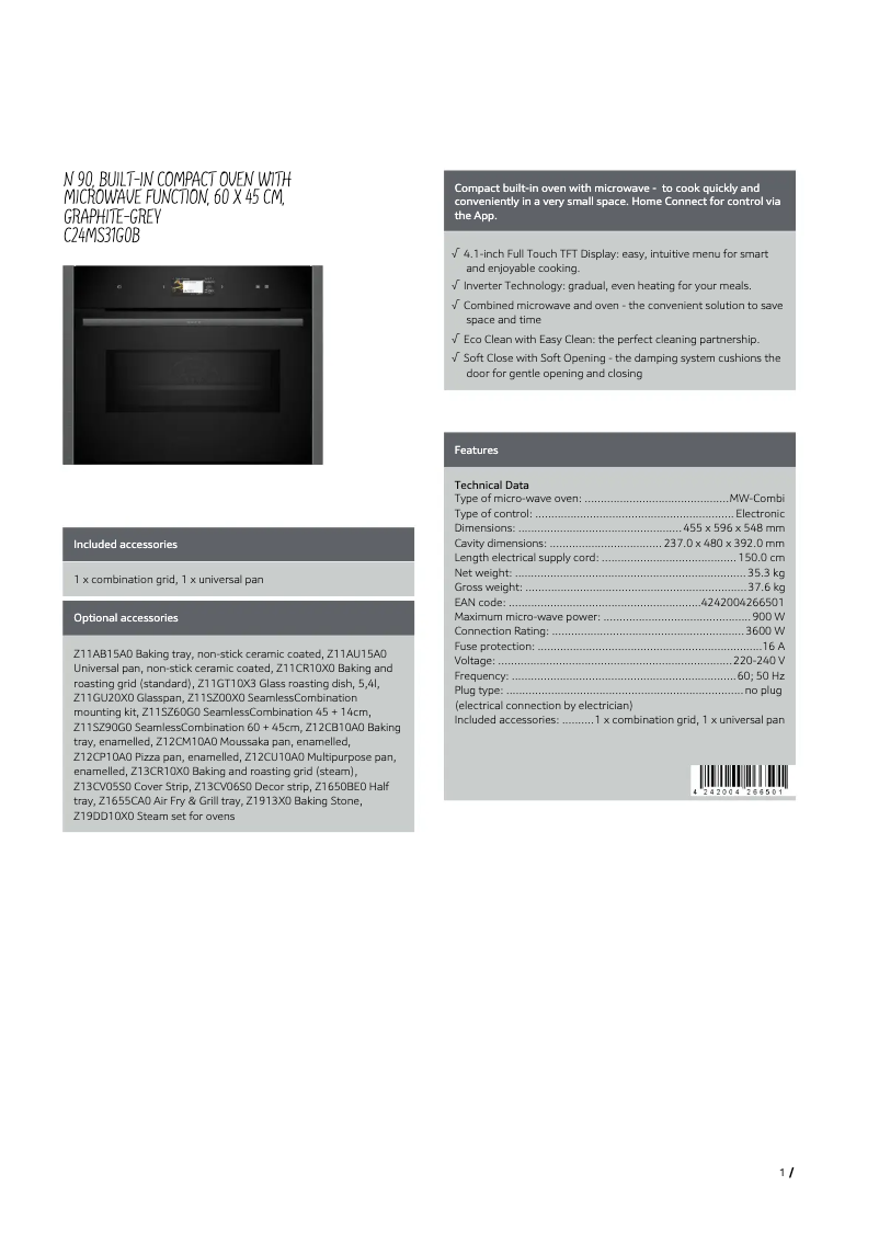 Page 1 de la notice Fiche technique Neff C24MS31G0B