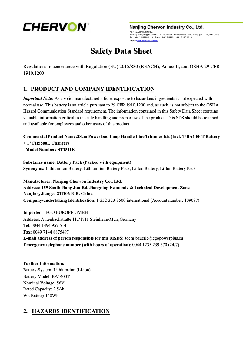 Page 1 de la notice Instructions de sécurité EGO ST1511E