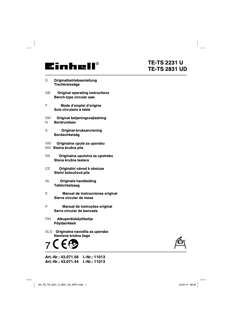 Page n°1 - Manuel utilisateur Einhell TE-TS 2831 UD