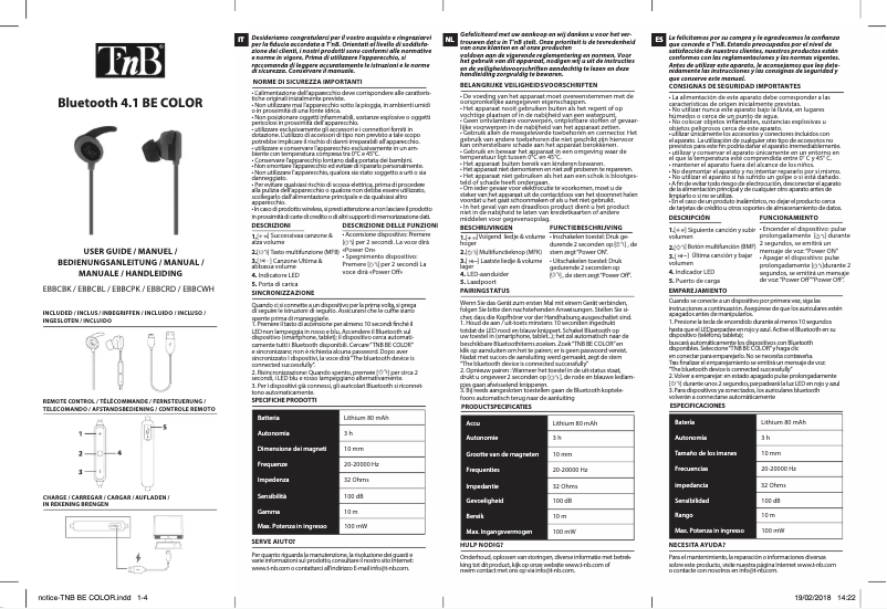 Page n°1 - Manuel utilisateur T'nB Bluetooth 4.1 BE COLOR