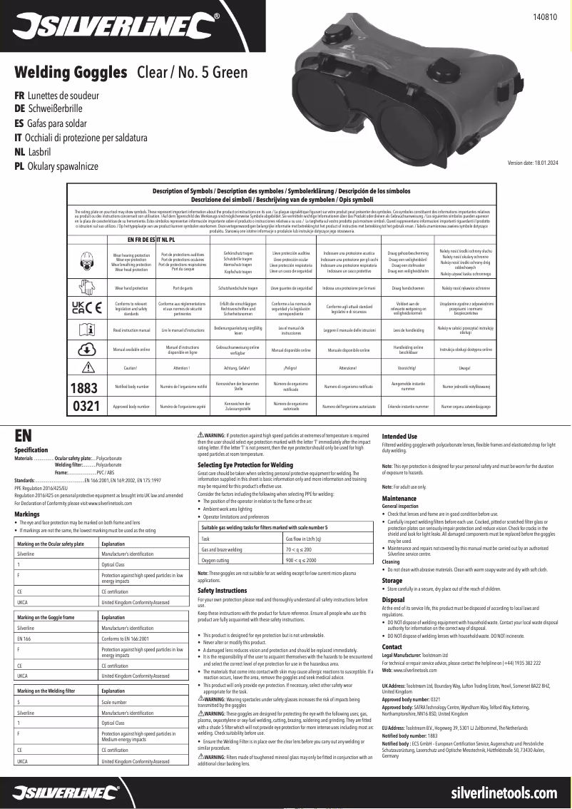 Page 1 de la notice Manuel utilisateur Silverline 140810