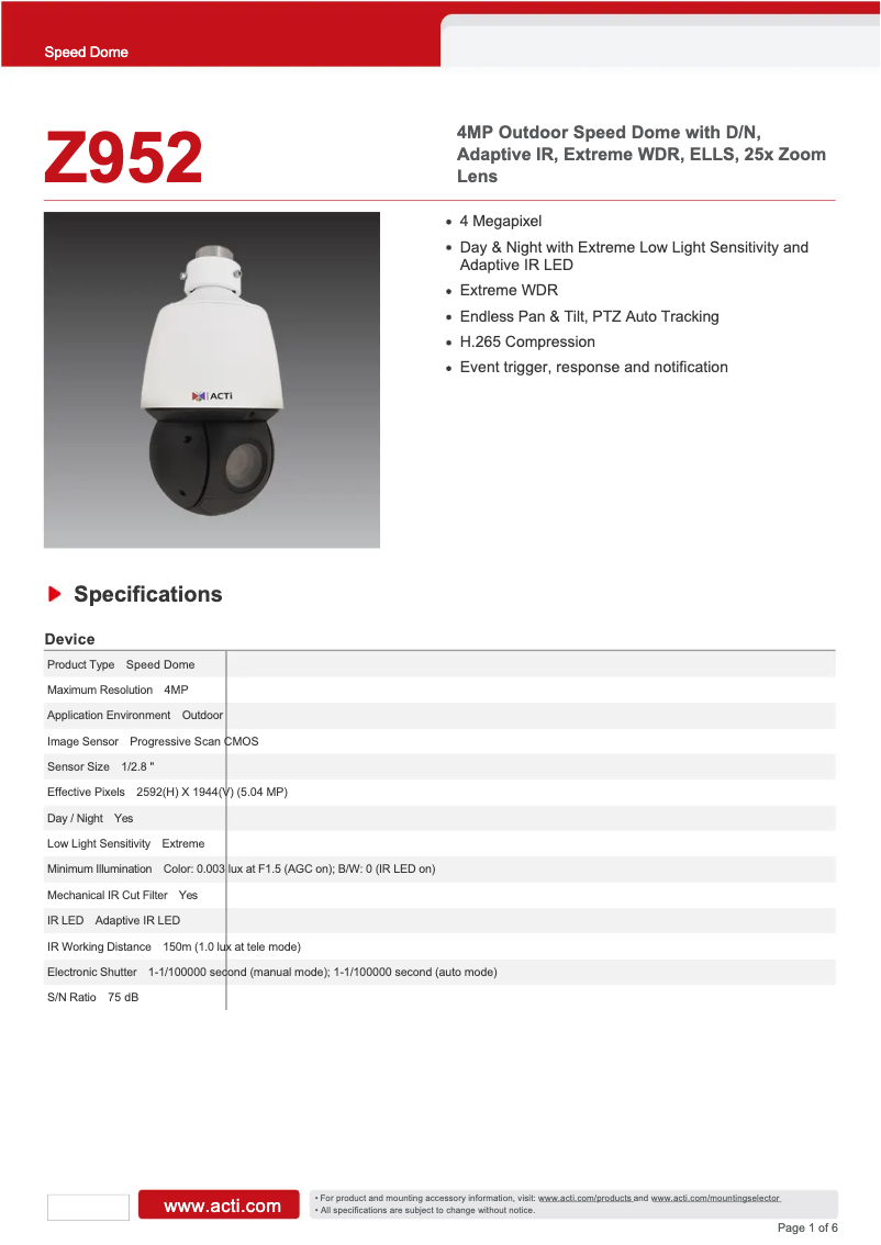 Page n°1 - Fiche technique ACTi Z952