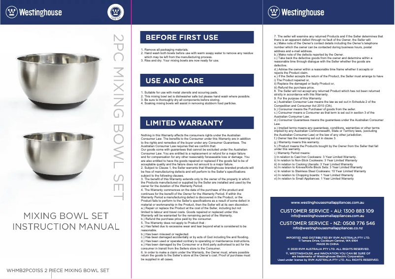 Página 1 del manual Manual de usuario Westinghouse WHMB2PC01SS