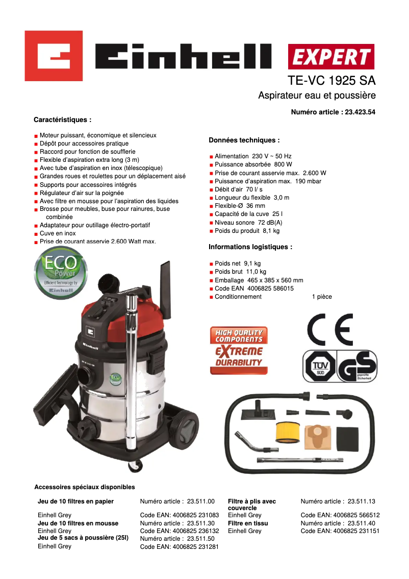 Page 1 de la notice Fiche technique Einhell TE-VC 1925 SA