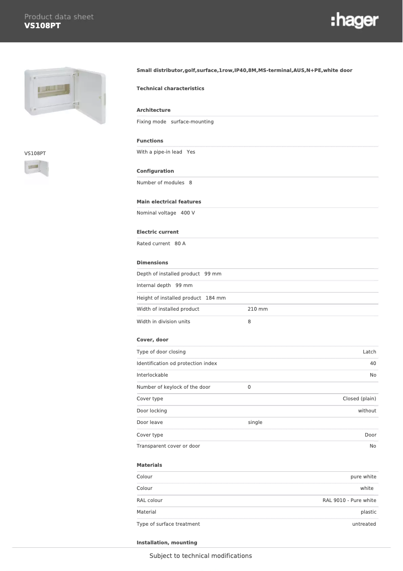 Page n°1 - Fiche technique Hager VS108PT