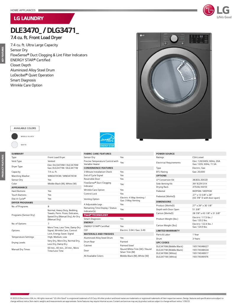 Page n°1 - Fiche technique LG DLE3470M