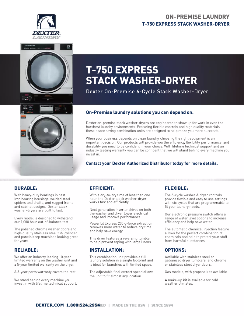 Page 1 de la notice Fiche technique Dexter Laundry T-750 SWD Express