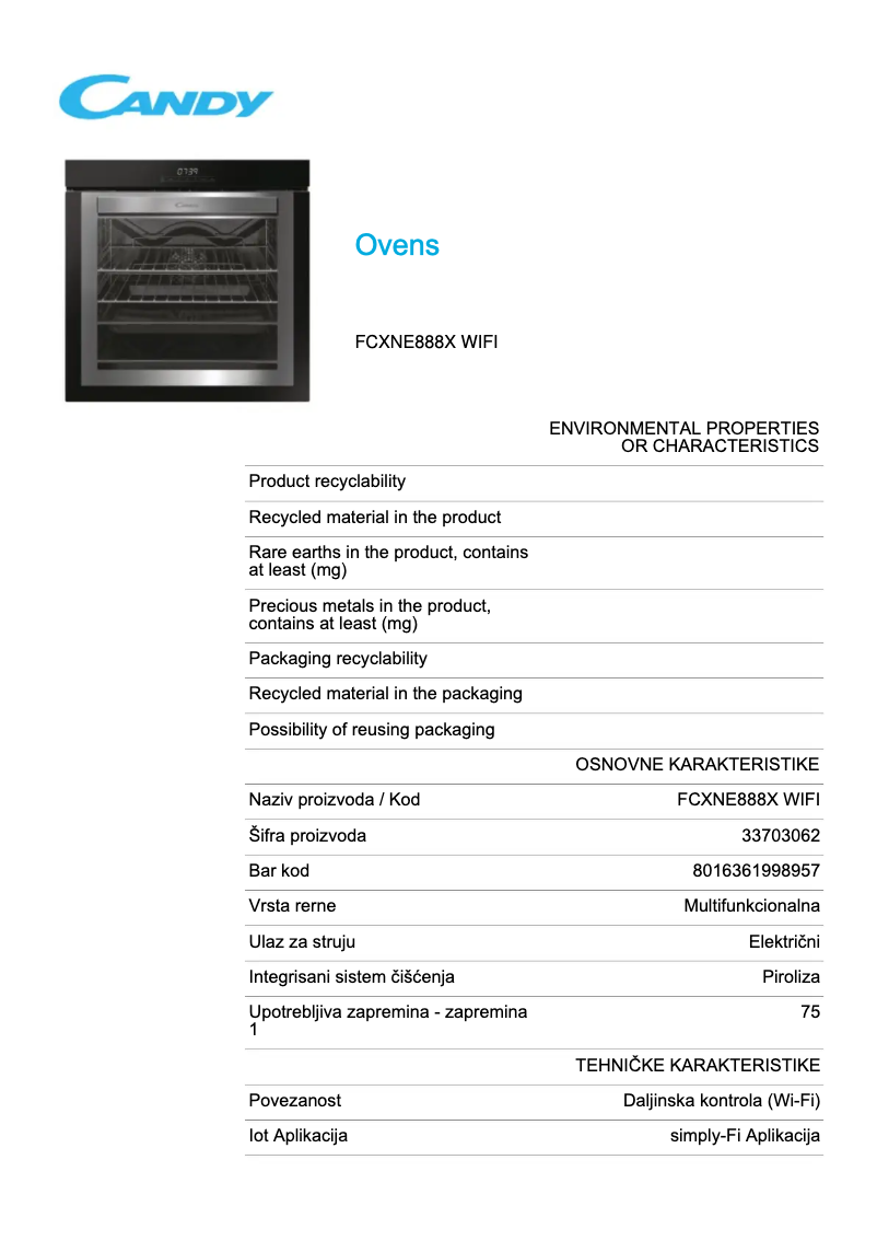 Page 1 de la notice Fiche technique Candy FCXNE888X WIFI