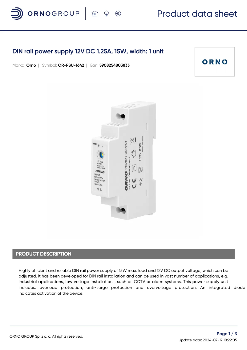 Page 1 de la notice Fiche technique ORNO OR-PSU-1642