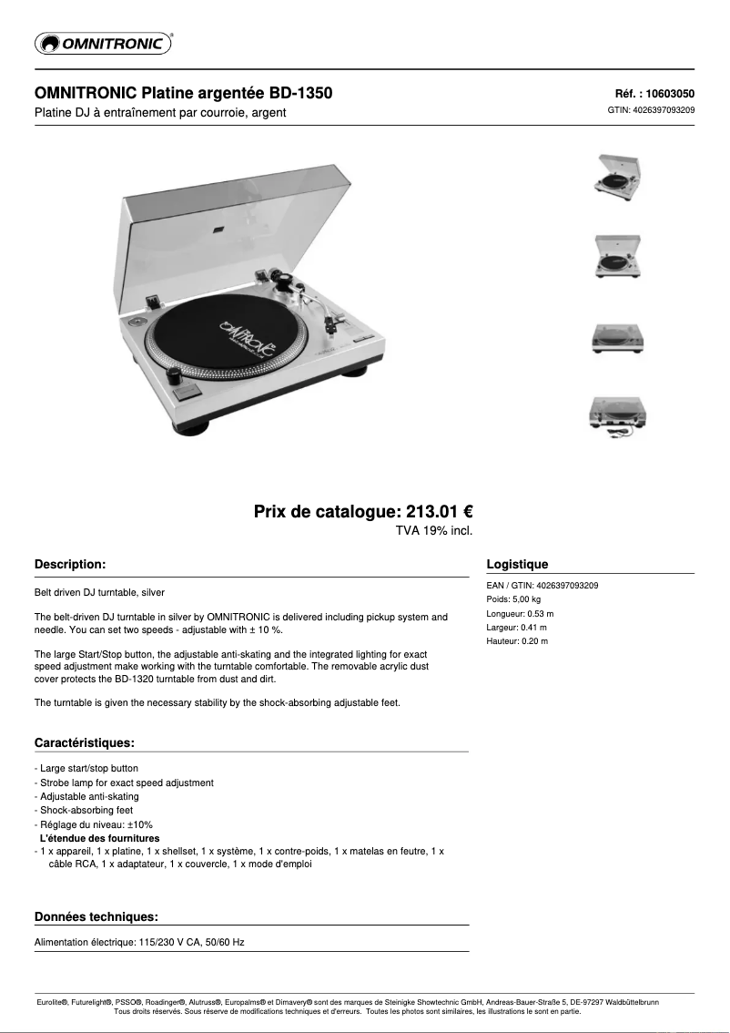 Page n°1 - Fiche technique Omnitronic BD-1350