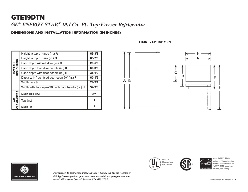 Page 1 de la notice Instructions / montage GE GTE19DTNRWW