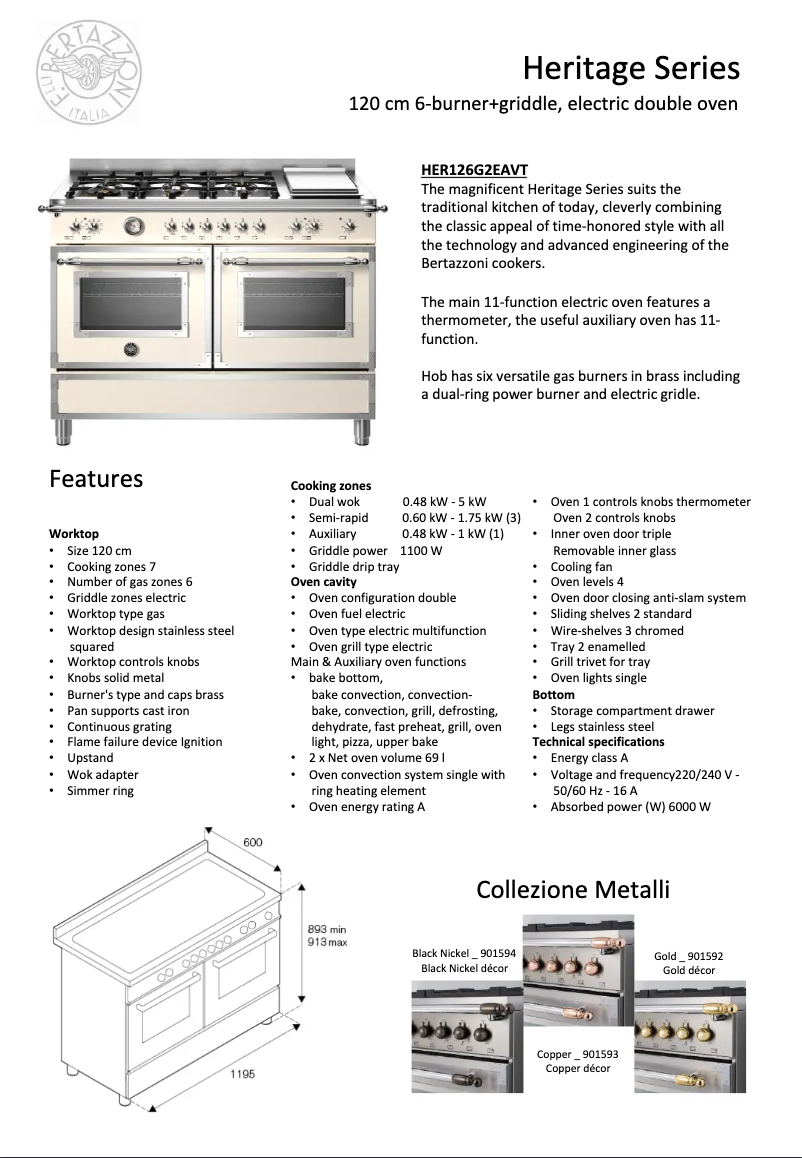 Page 1 de la notice Fiche technique Bertazzoni HER126G2EAVT