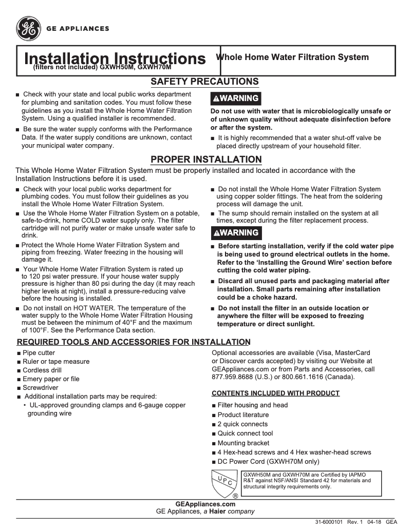 Page n°1 - Guide d'installation GE GXWH50M