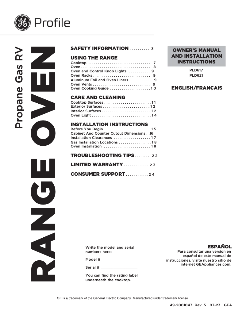 Page n°1 - Manuel d'utilisation et d'entretien GE Profile PLD621ETSB