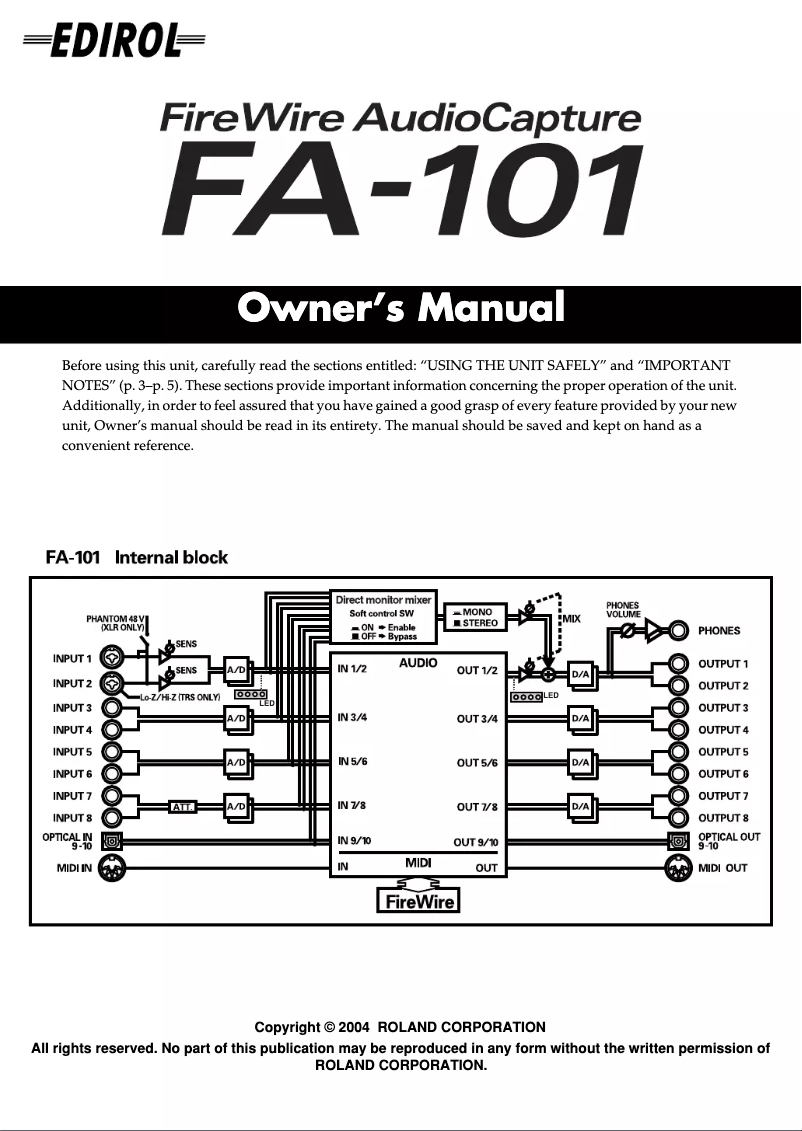 Page 1 de la notice Manuel utilisateur Roland FA-101