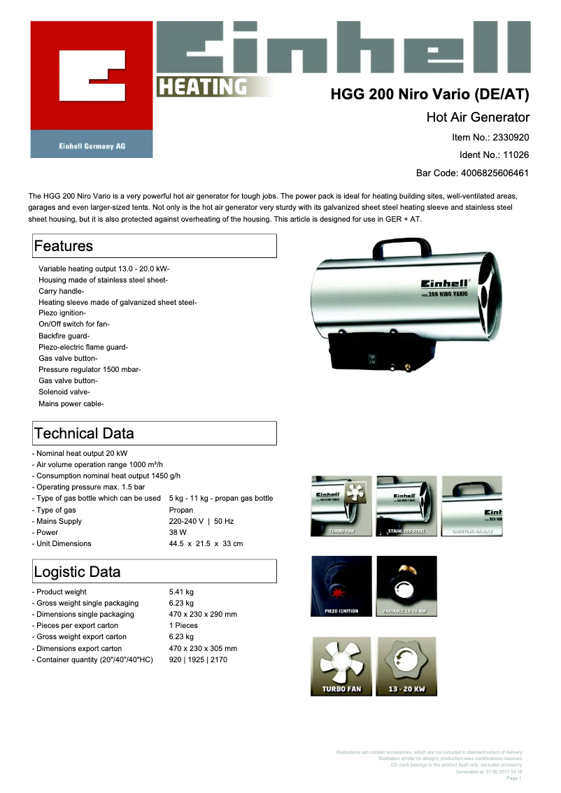 Page n°1 - Fiche technique Einhell HGG 200 Niro Vario