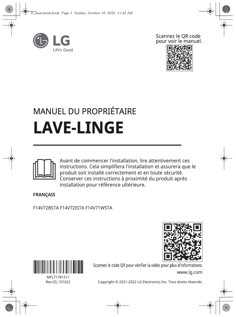 Page 1 de la notice Manuel utilisateur LG F14V72BSTA