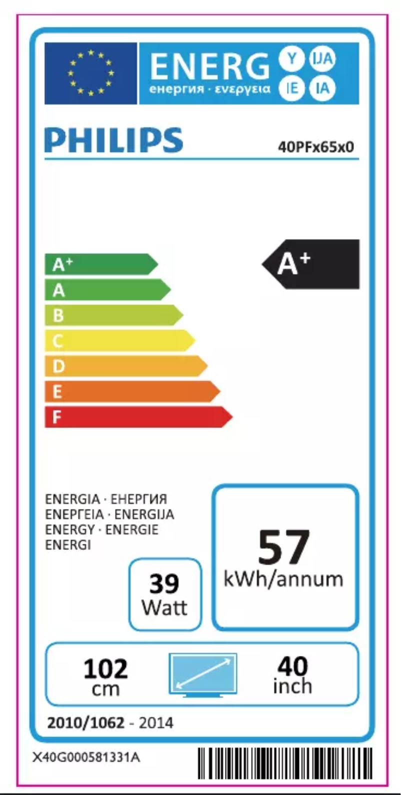 Page 1 de la notice Label énergétique Philips 6500 series 40PFK6580