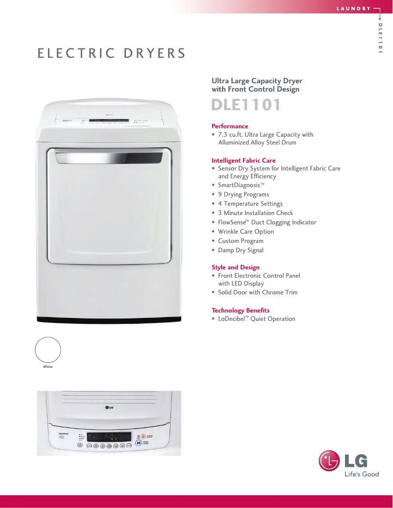 Page 1 de la notice Fiche technique LG DLE1101W