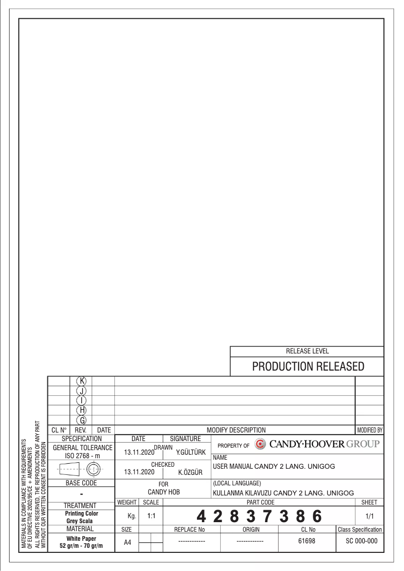 Page 1 de la notice Manuel utilisateur Candy CVG4W7BP