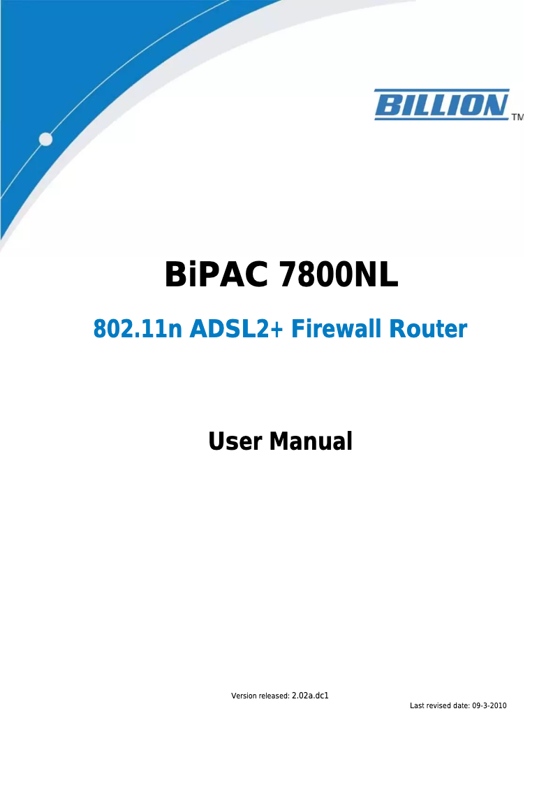 Image de la première page du manuel de l'appareil BiPAC 7800NL