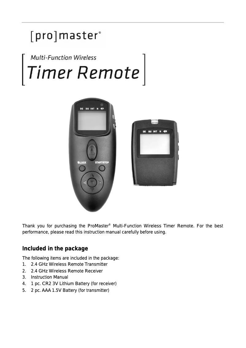 Page n°1 - Manuel utilisateur ProMaster Timer Remote