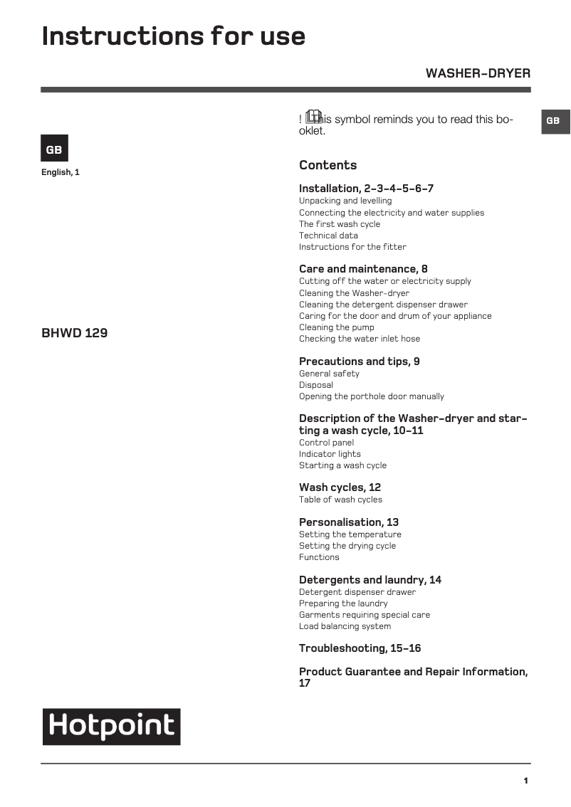 Page 1 de la notice Manuel utilisateur Hotpoint BHWD 129 (UK)/1