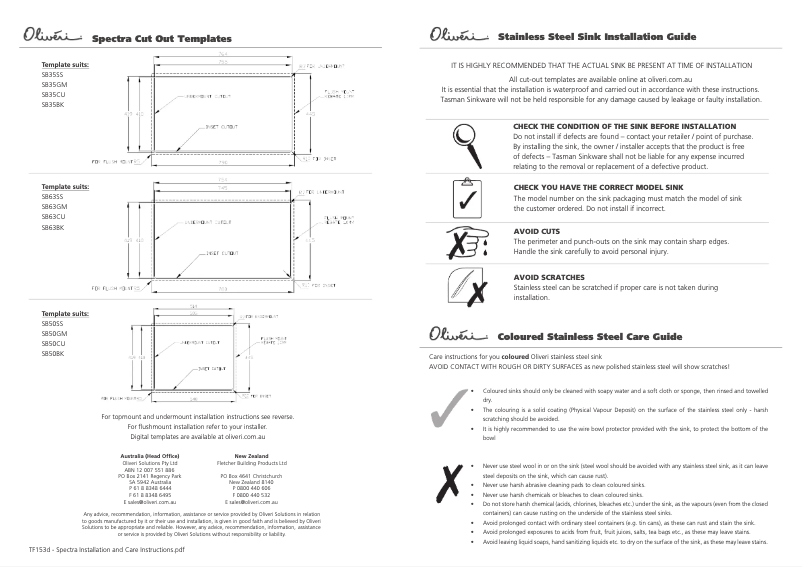 Page n°1 - Guide d'installation Oliveri SB63BK