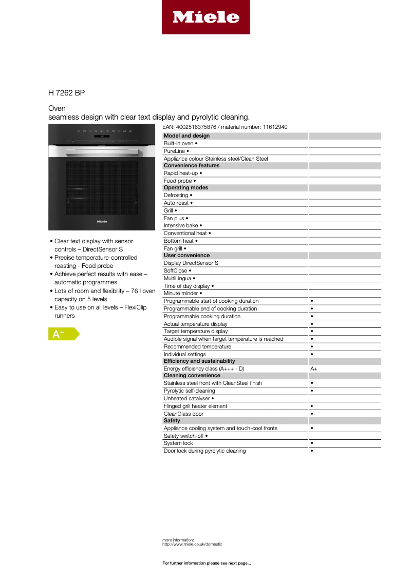 Page 1 de la notice Fiche technique Miele H 7262 BP