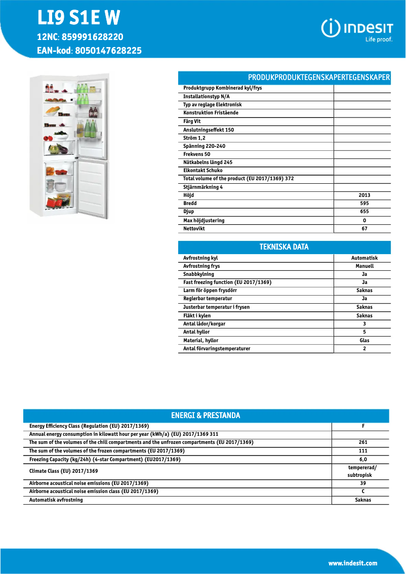Page 1 de la notice Fiche technique Indesit LI9 S1E W