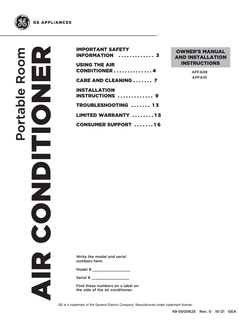 Página 1 del manual Manual de uso y mantenimiento GE APFA08YBMW