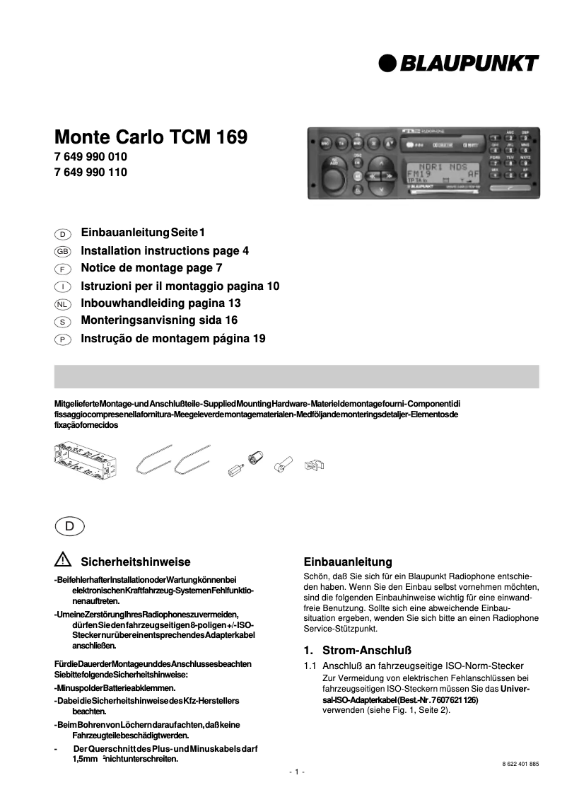 Página 1 del manual Manual de usuario Blaupunkt Monte Carlo TCM 169