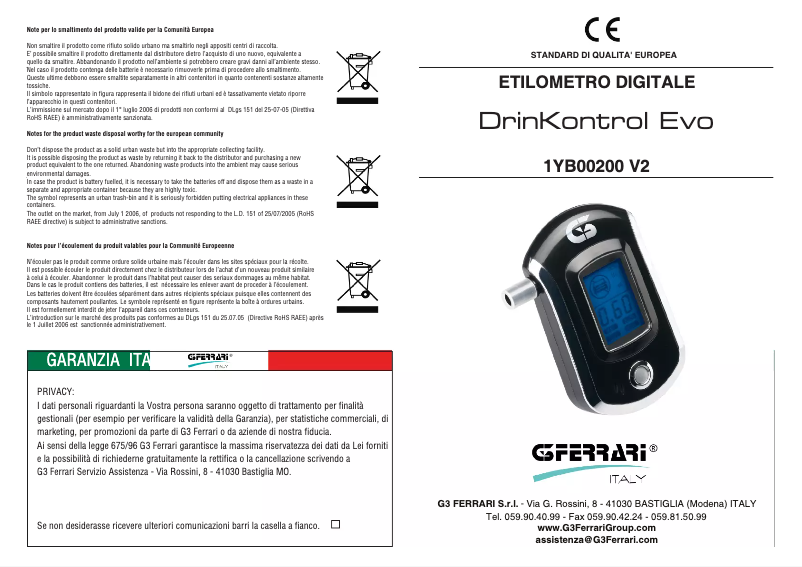 Image de la première page du manuel de l'appareil DrinKontrol Evo