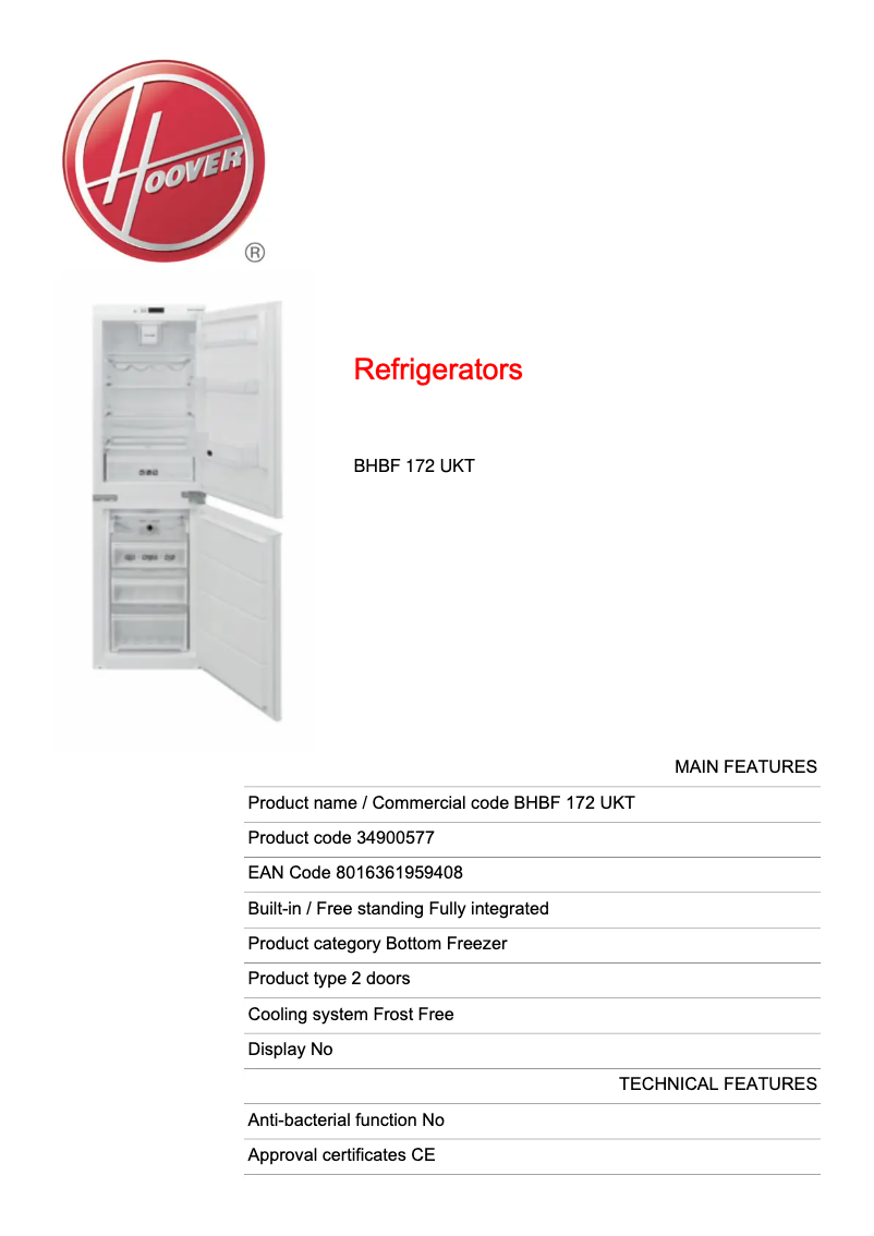 Page 1 de la notice Fiche technique Hoover BHBF 172 UKT