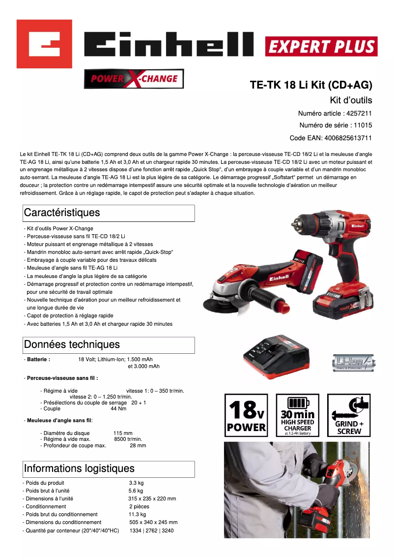 Page 1 de la notice Fiche technique Einhell TE-TK 18 Li Kit