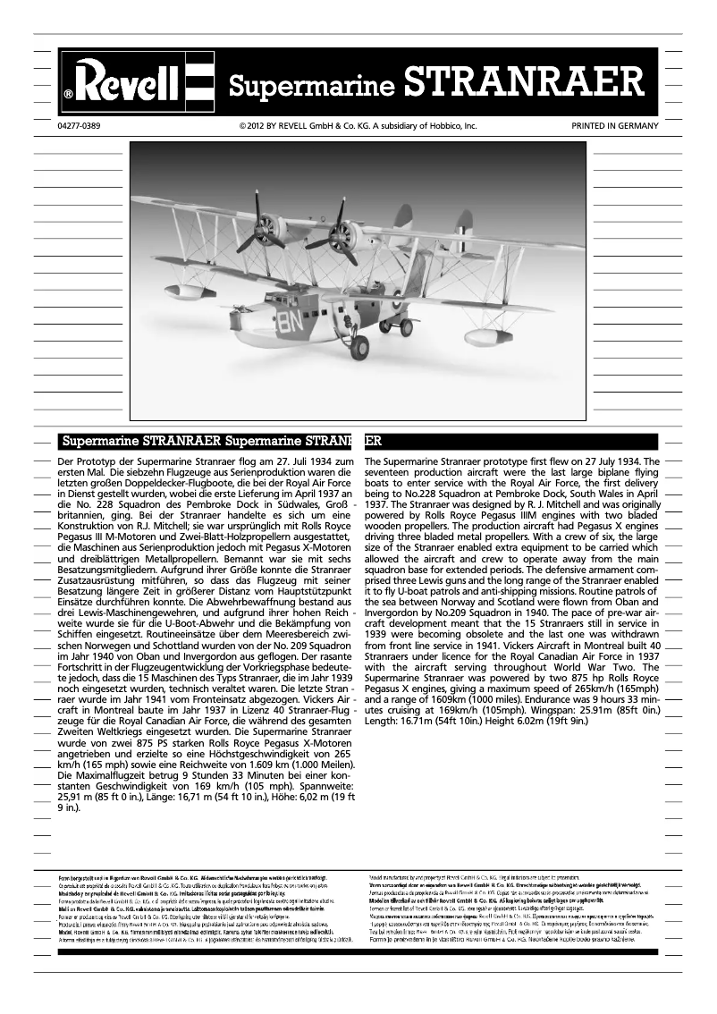 Page n°1 - Manuel utilisateur Revell Supermarine STRANRAER