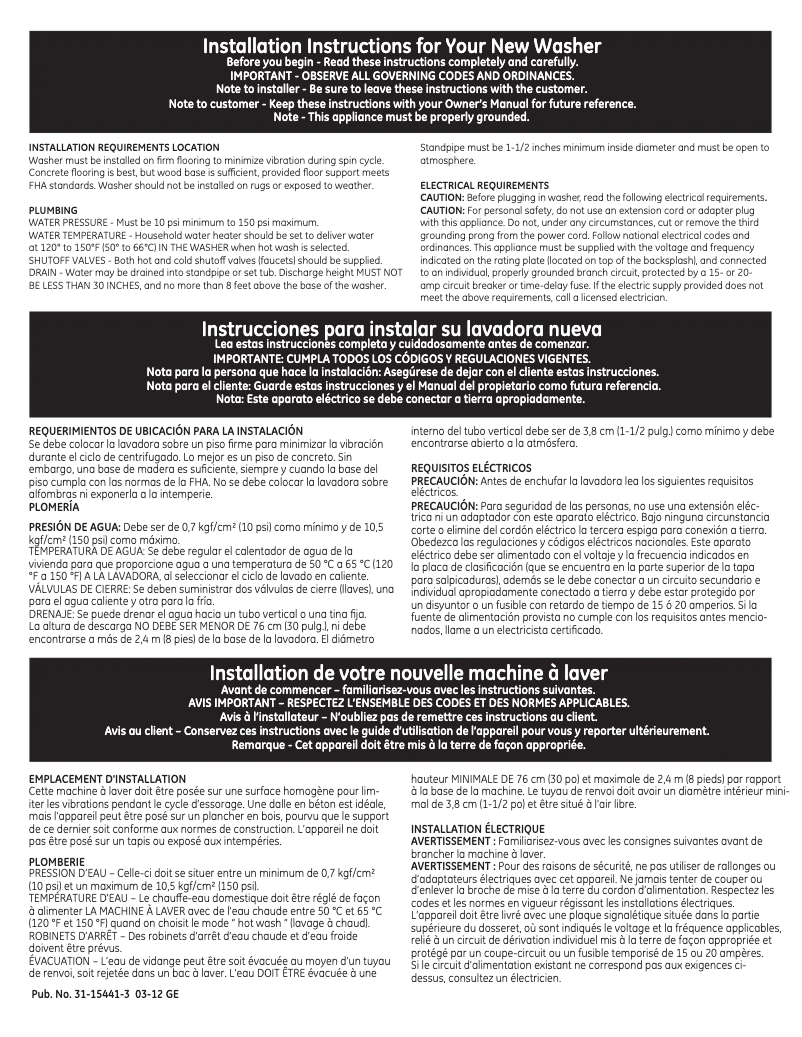 Page 1 de la notice Manuel utilisateur GE GTAN5550DWW