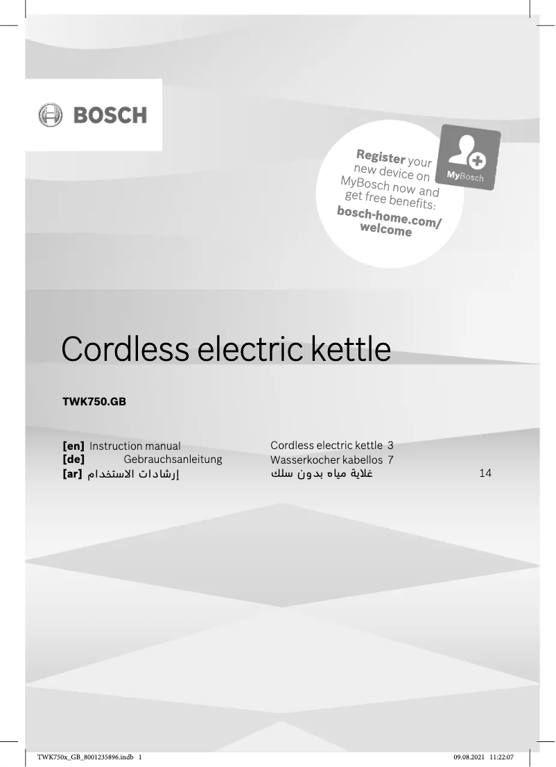 Page 1 de la notice Manuel utilisateur Bosch TWK7503GB