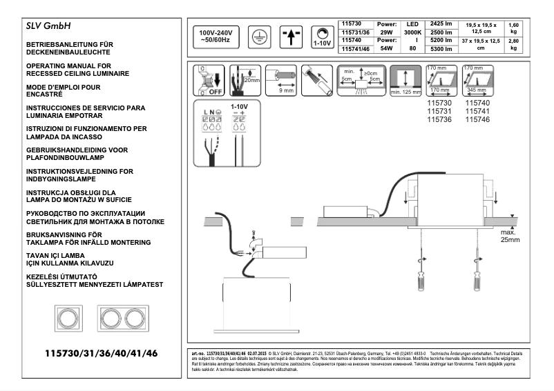 Page n°1 - Manuel utilisateur SLV 115740