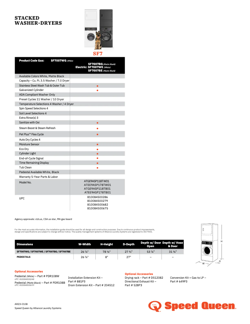 Page n°1 - Fiche technique Speed Queen SF7007BE
