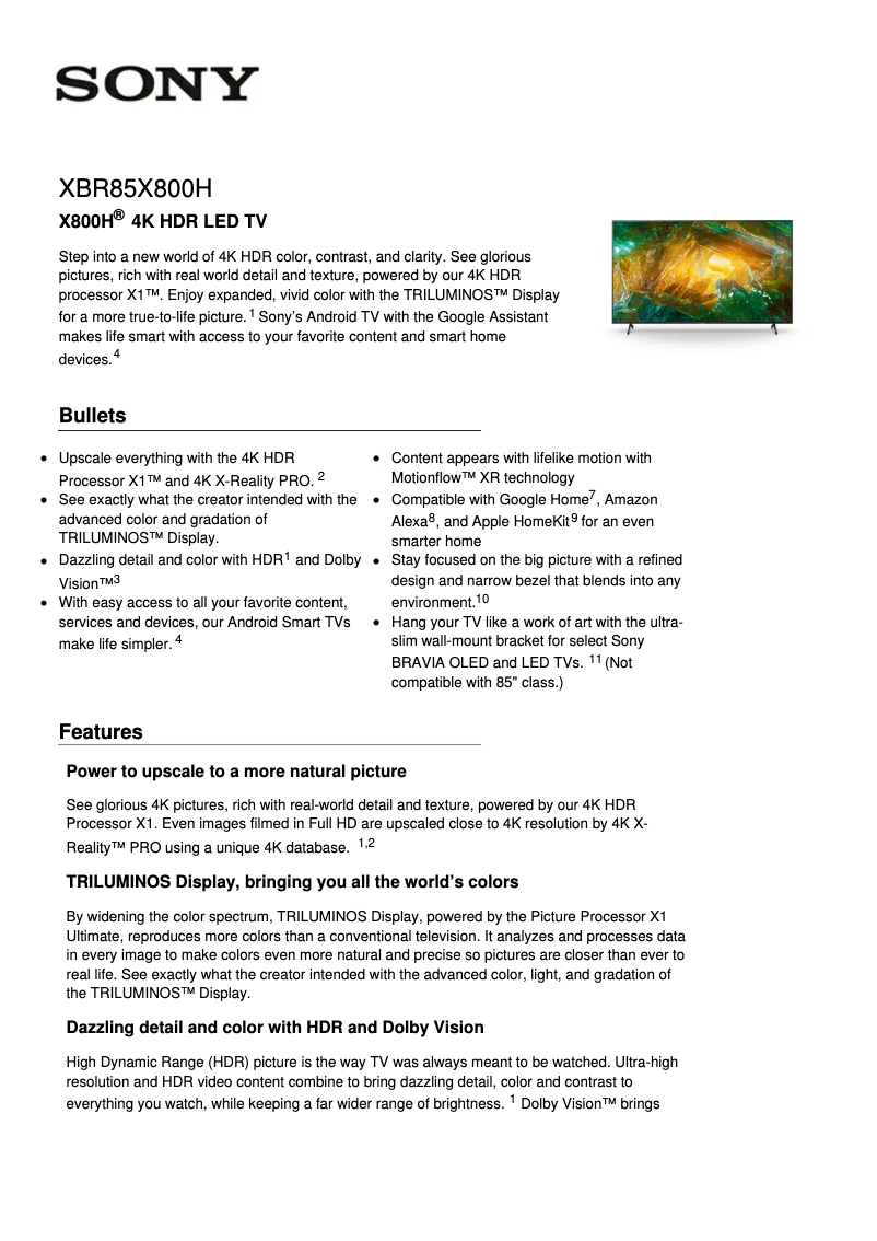 Page 1 de la notice Fiche technique Sony XBR85X800H