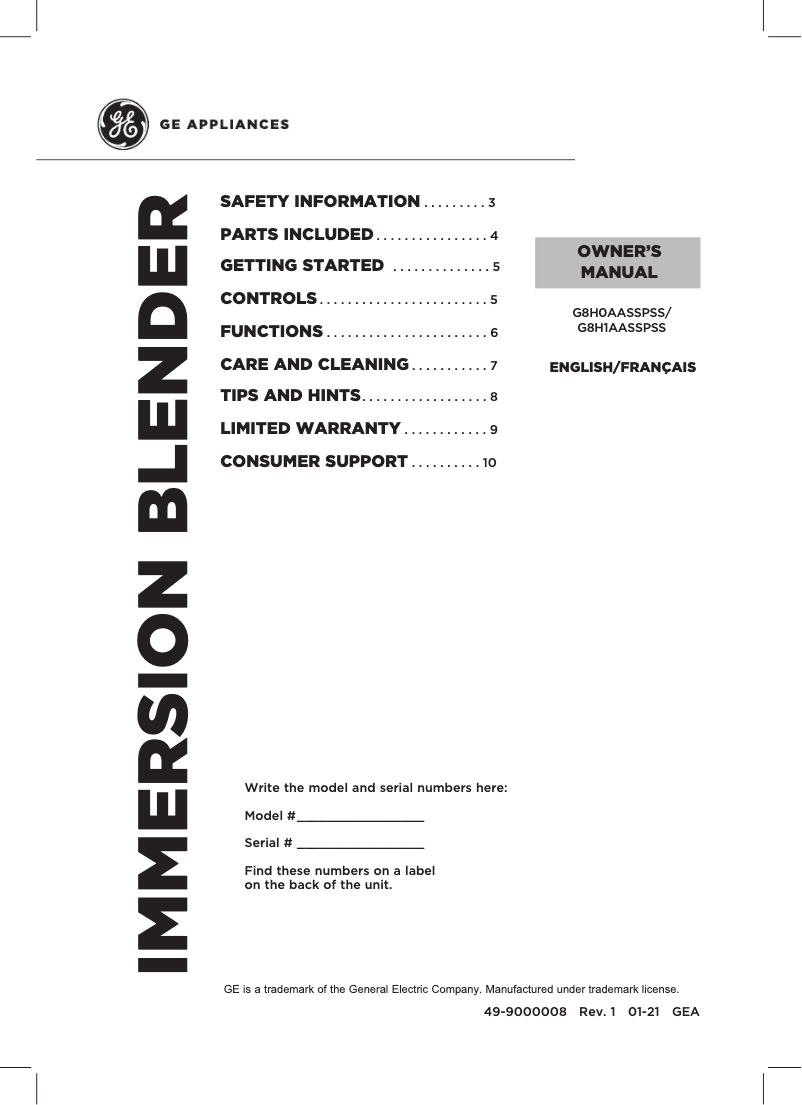 Page 1 de la notice Manuel utilisateur GE G8H1AASSPSS