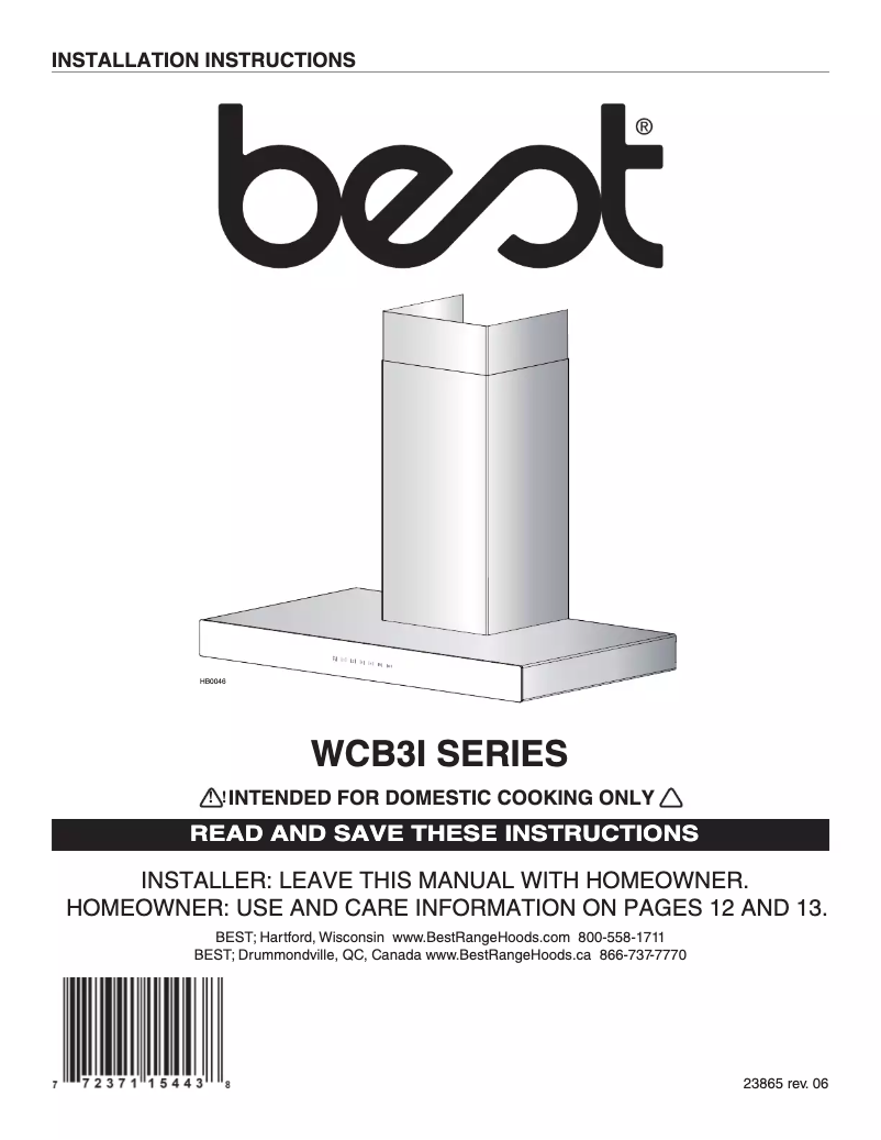 Page n°1 - Guide d'installation Best WCB3I36SBB
